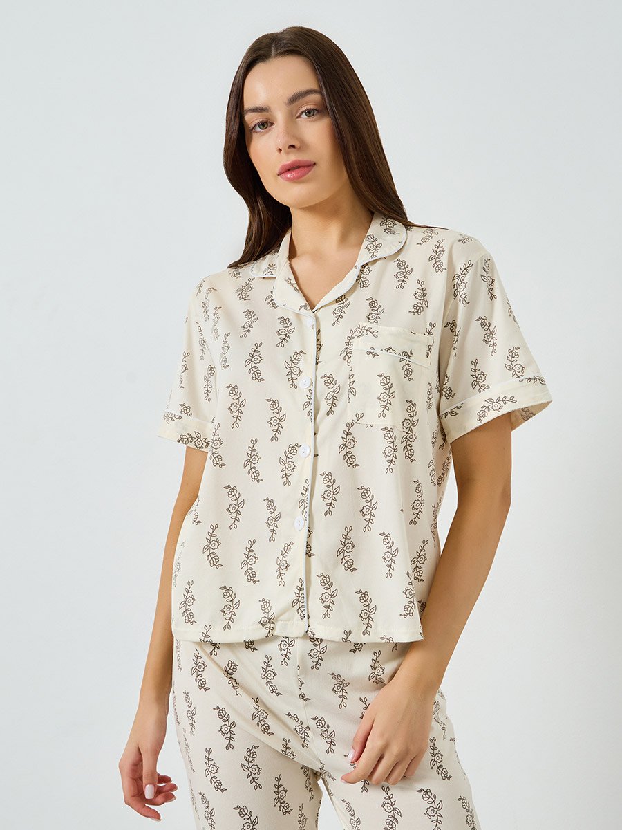 Leaf Print Short Sleeve Shirt and Pyjama Set