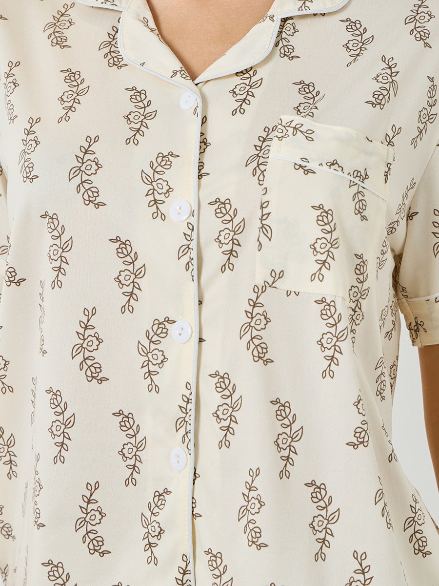 Leaf Print Short Sleeve Shirt and Pyjama Set