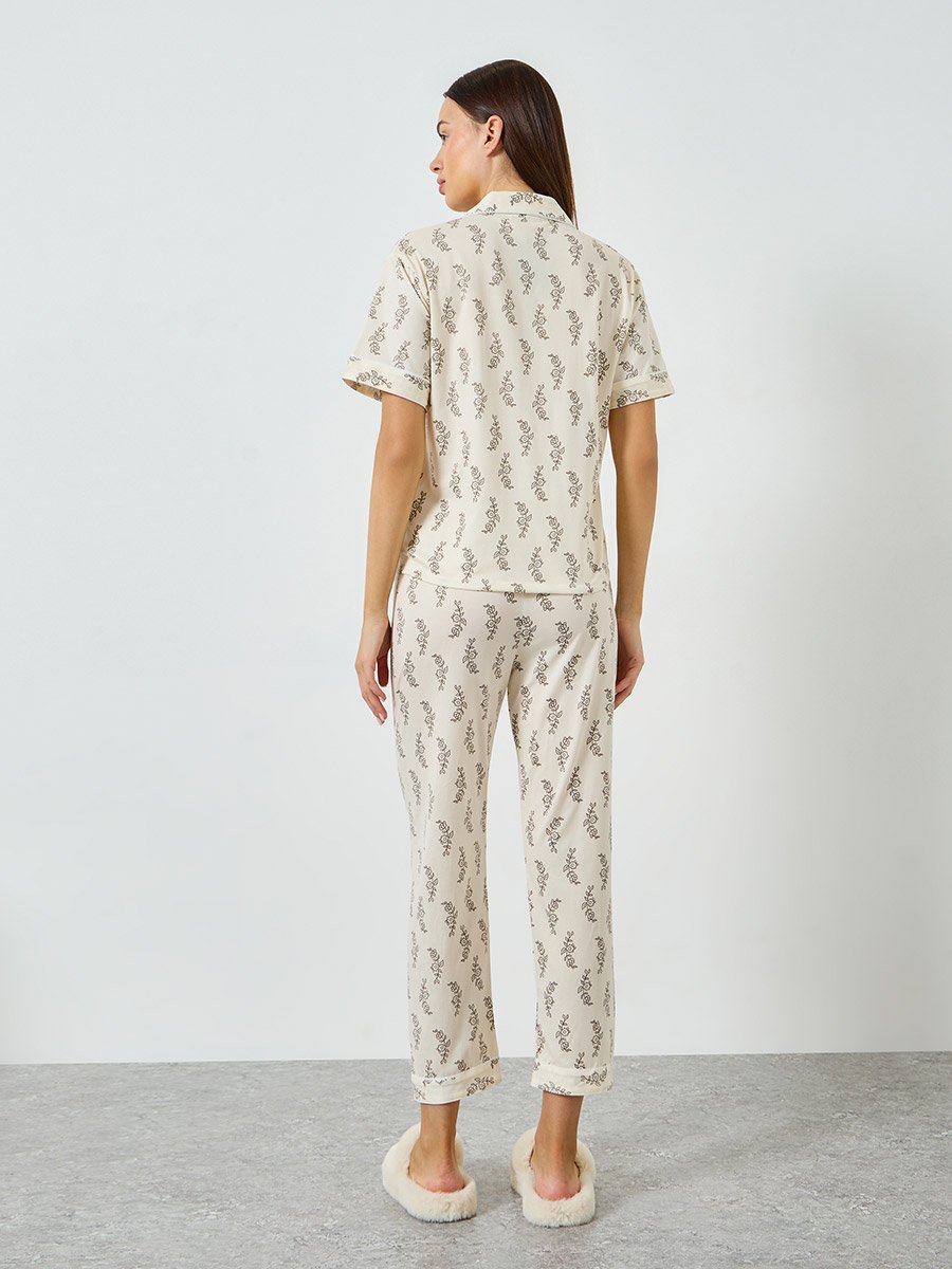 Leaf Print Short Sleeve Shirt and Pyjama Set