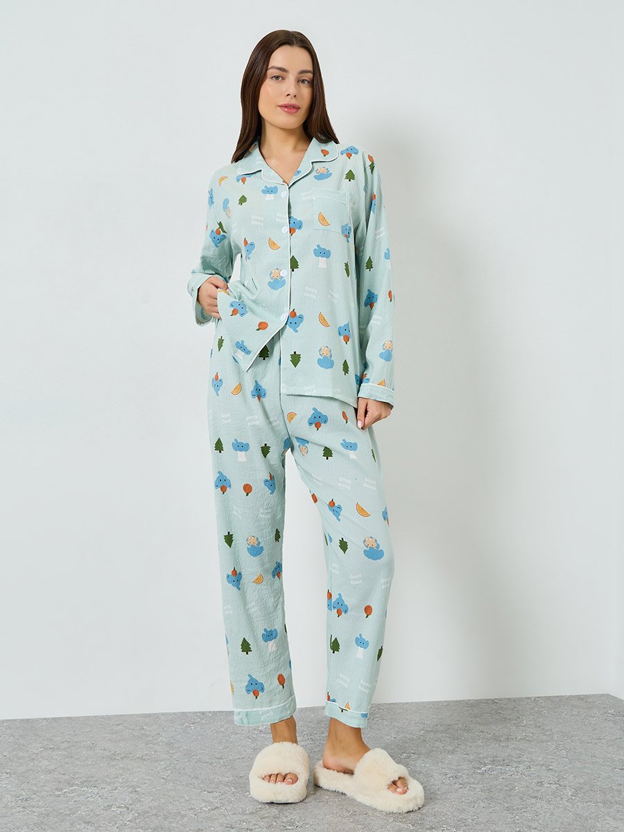 Graphic Print Long Sleeve Shirt and Pyjama Set