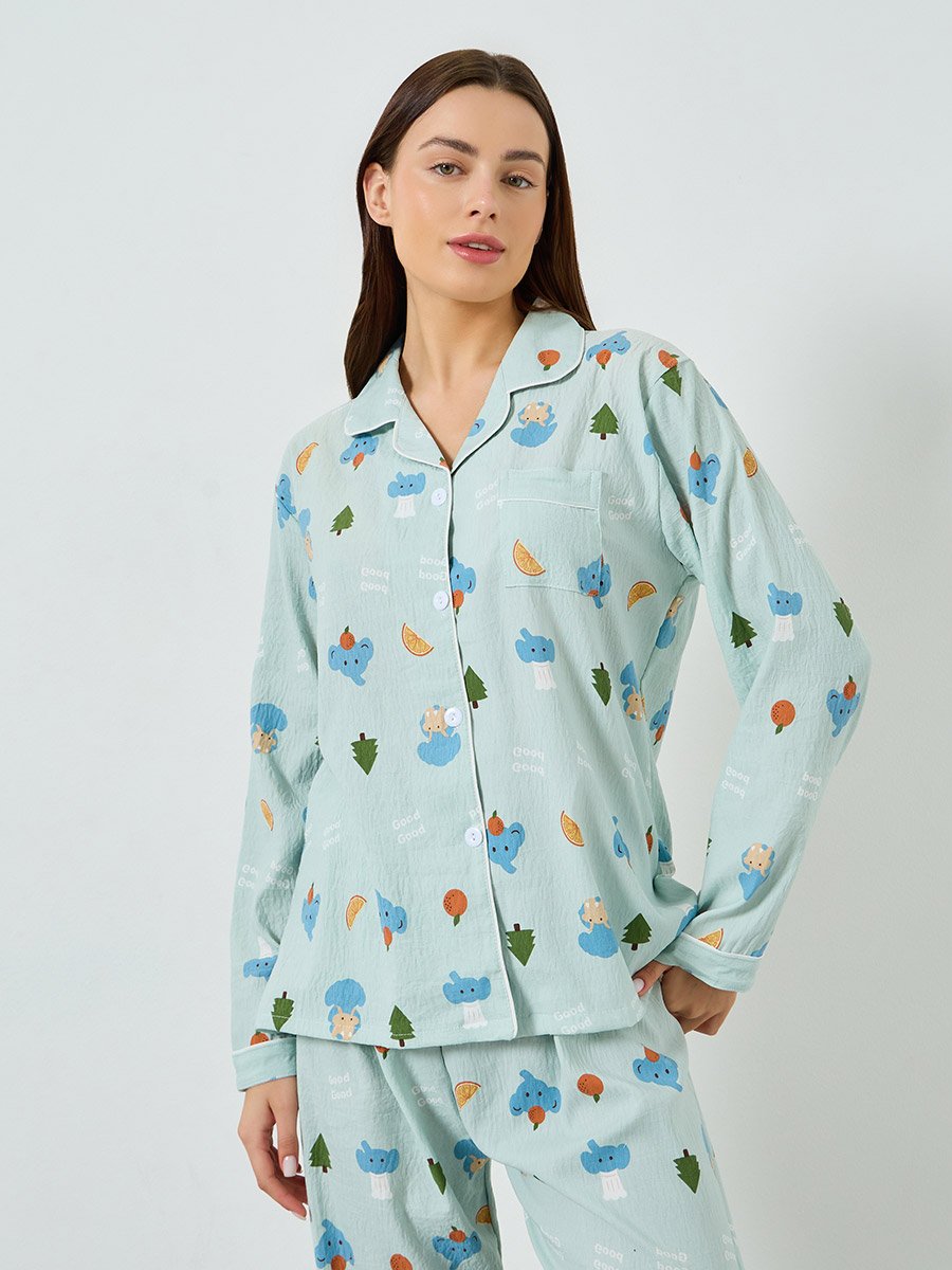 Graphic Print Long Sleeve Shirt and Pyjama Set