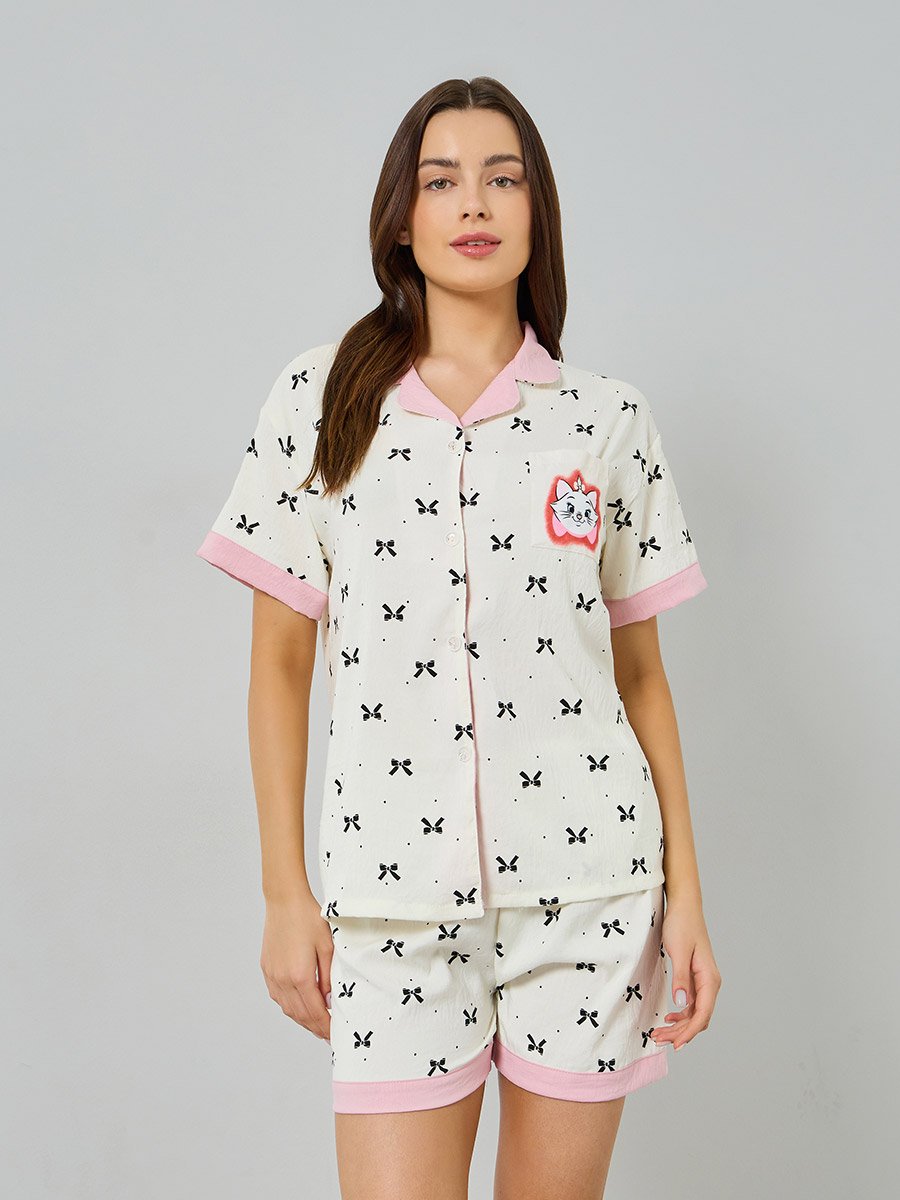 Pack of 3 - Cat Bow Print Shirt, Short and Pyjama Set