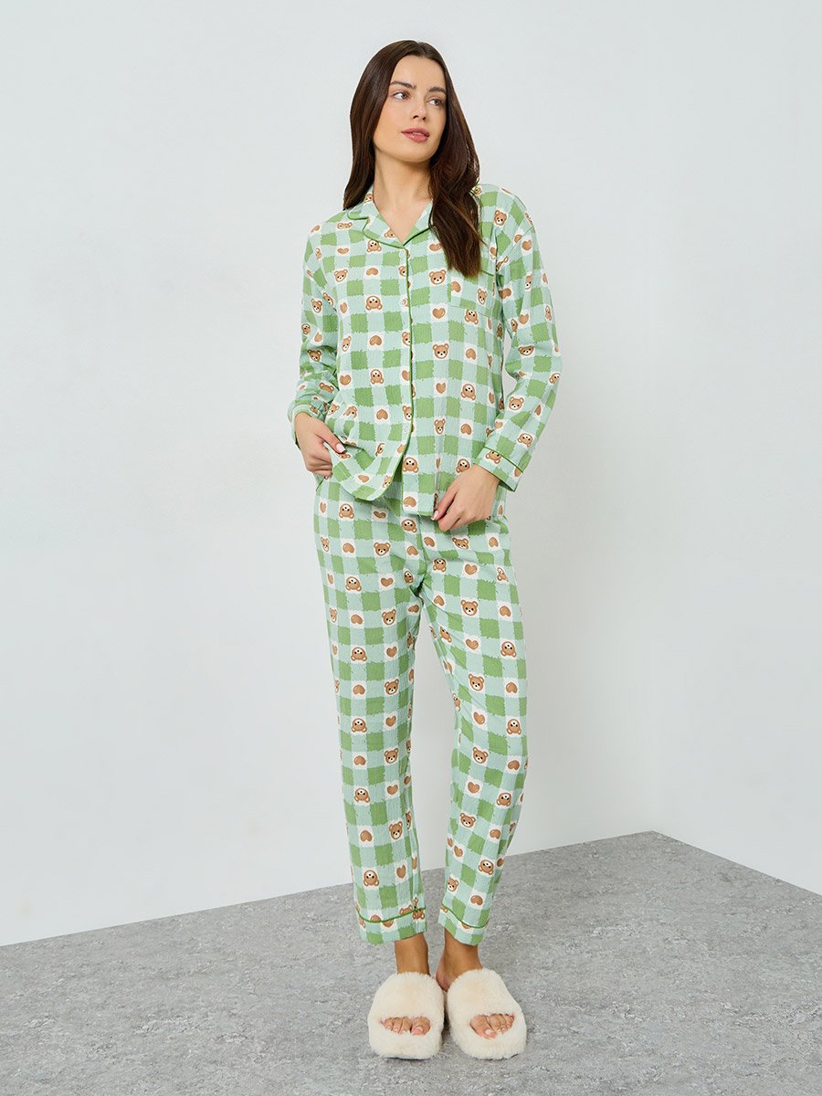 Bear Print Shirt and Pyjama Set
