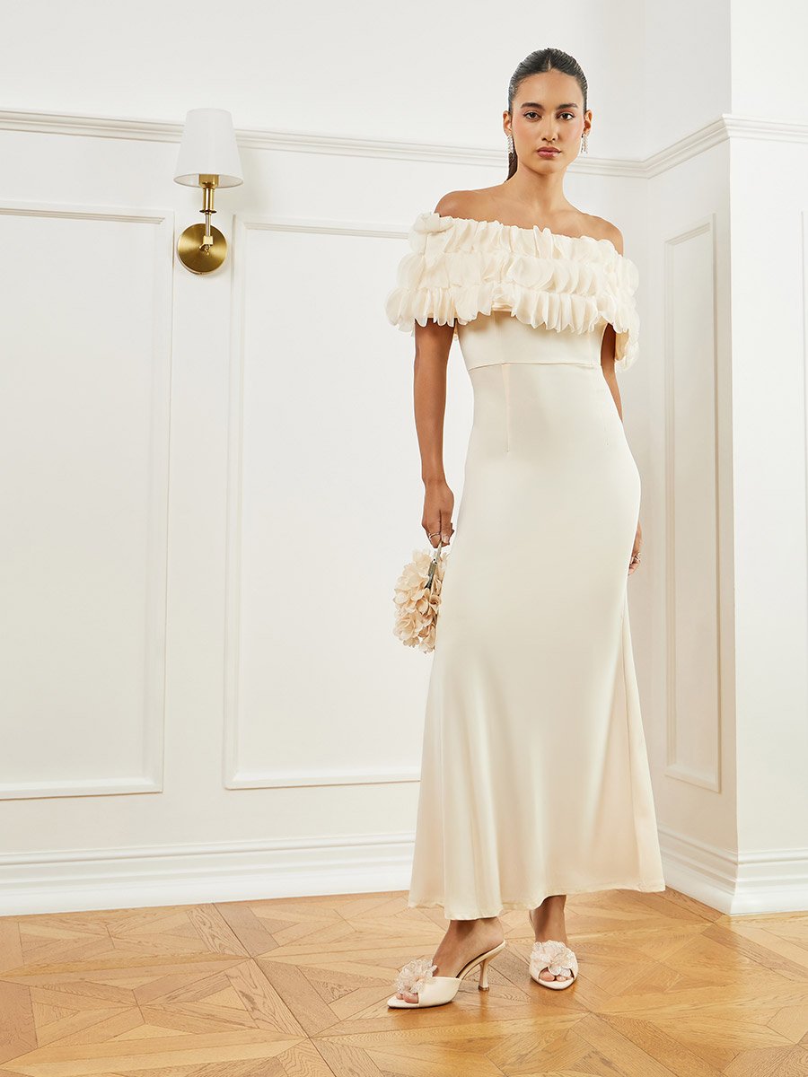 Cream Off-Shoulder Bodycon Maxi Dress