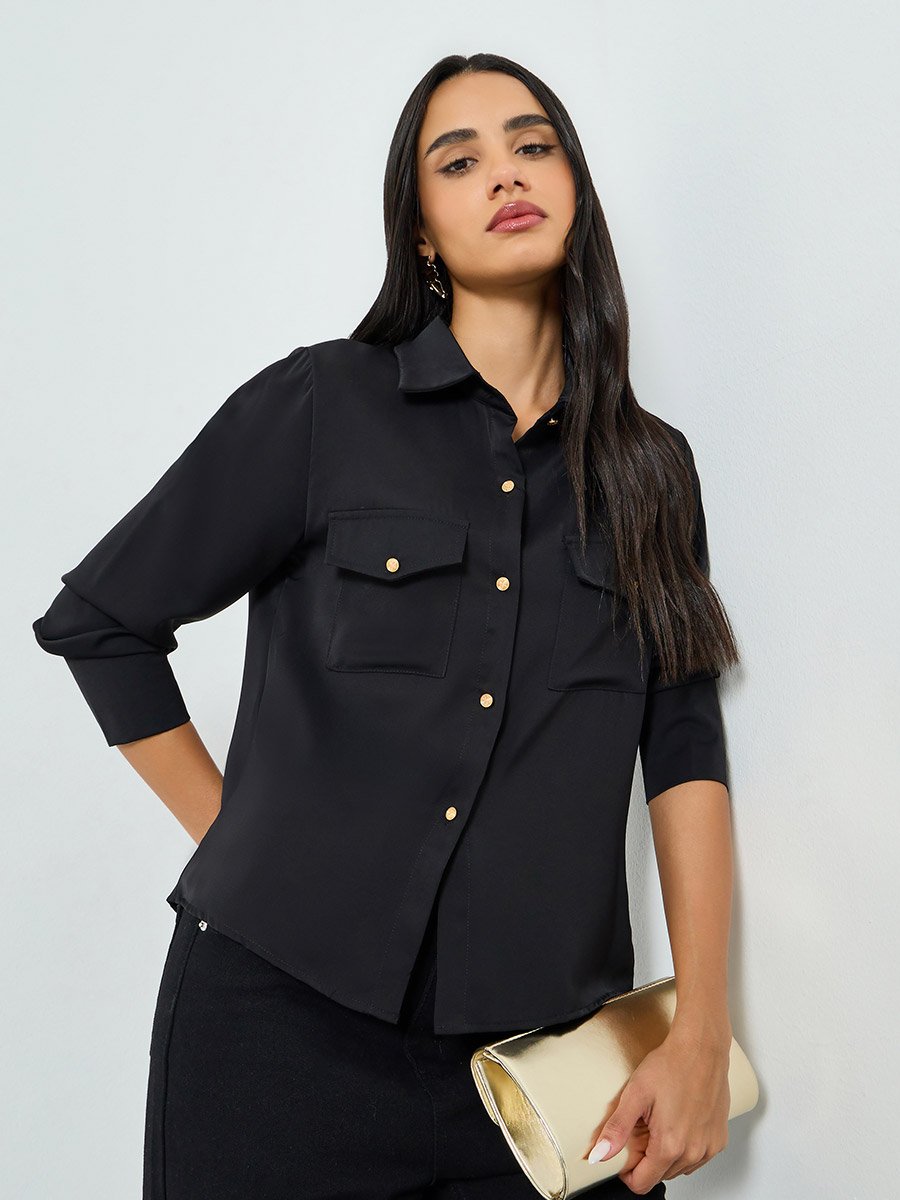Black Solid Shirt with Buttoned Pockets