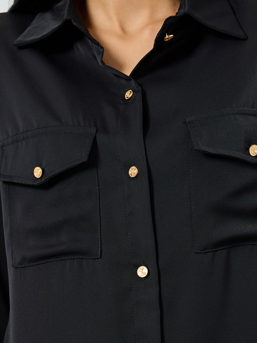 Black Solid Shirt with Buttoned Pockets