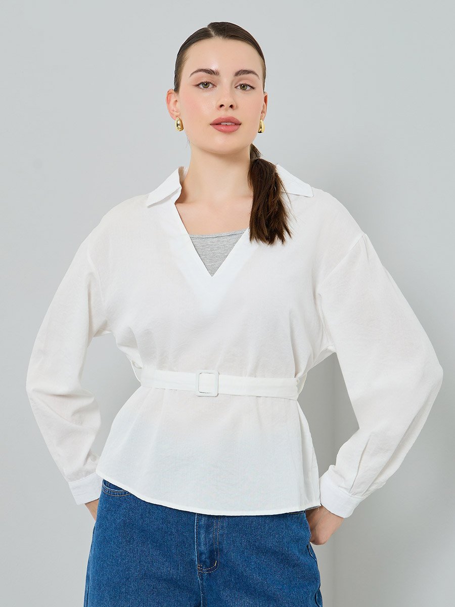 White Open Collar Belted Blouse