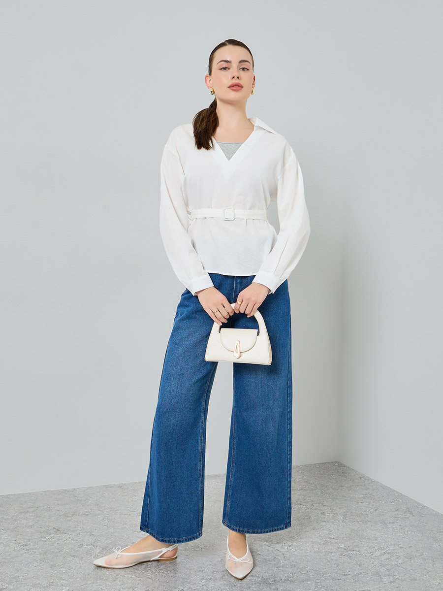 White Open Collar Belted Blouse