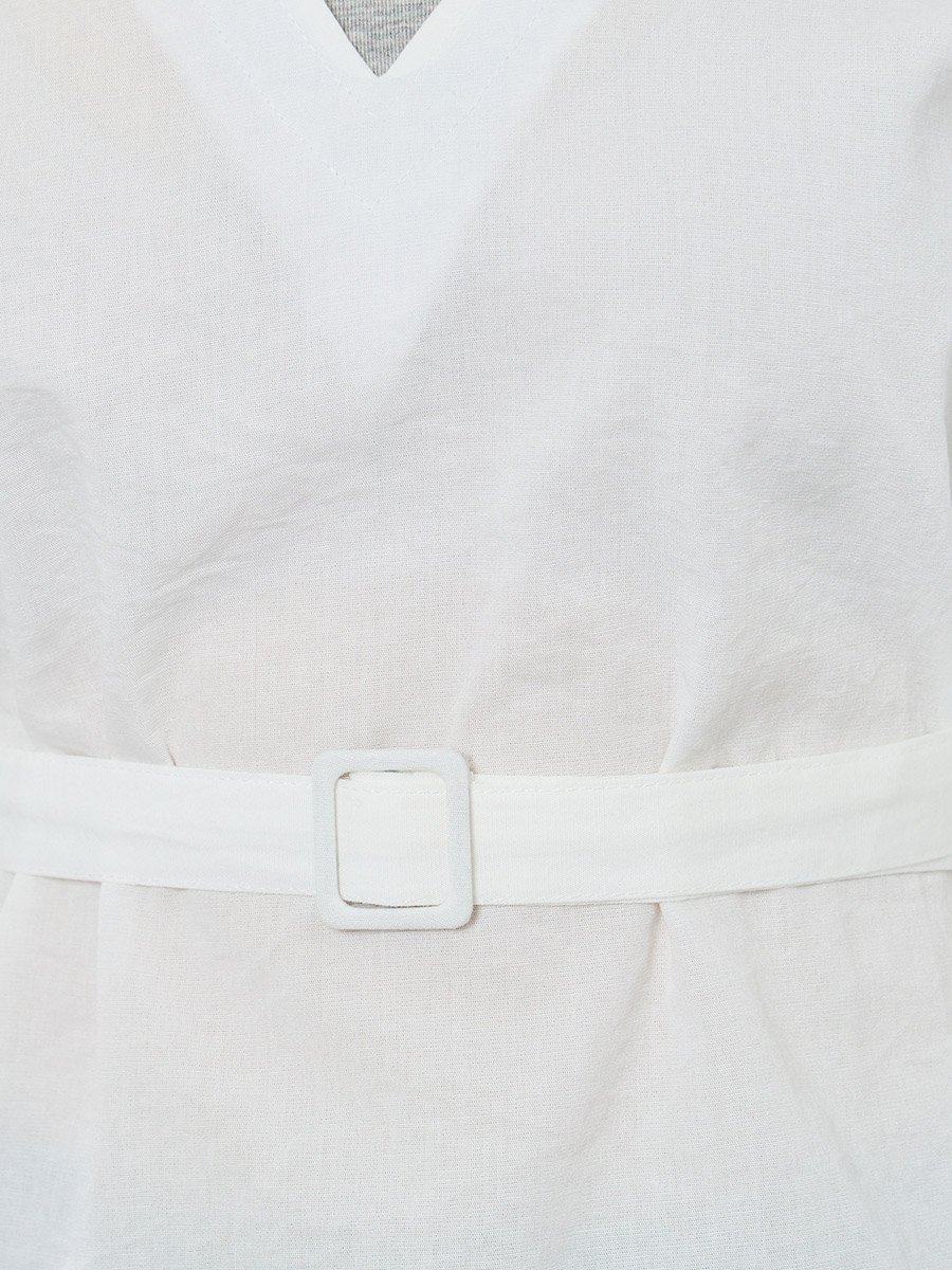 White Open Collar Belted Blouse
