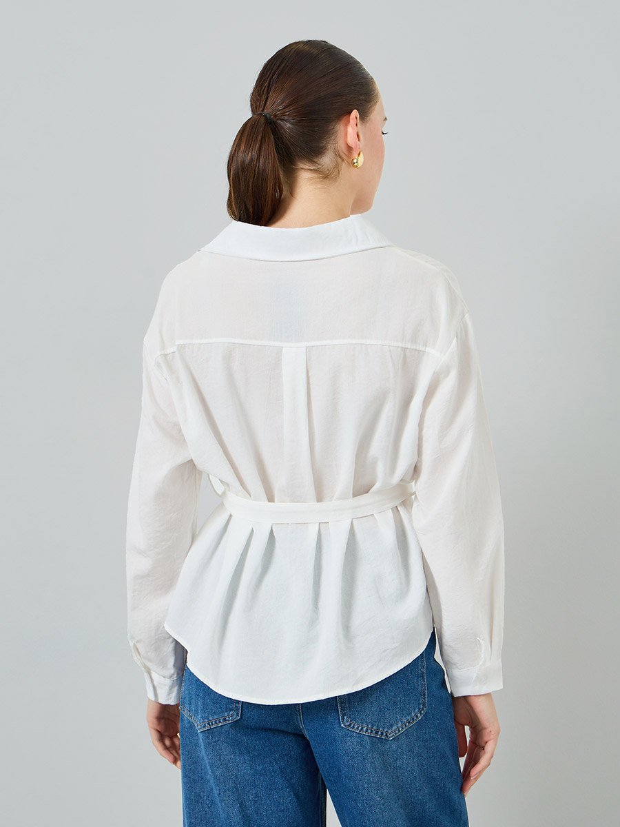 White Open Collar Belted Blouse
