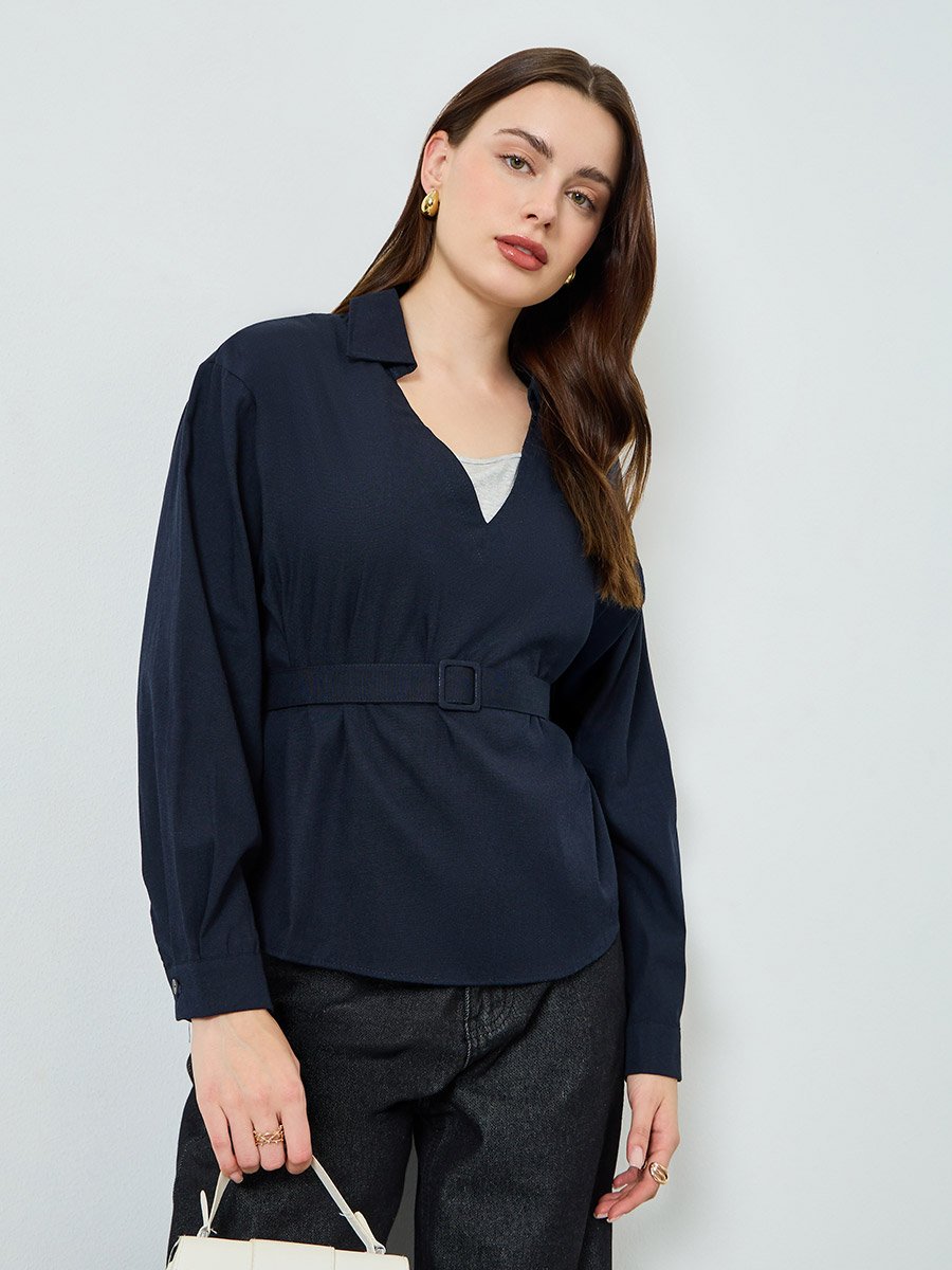 Navy Blue Open Collar Belted Blouse