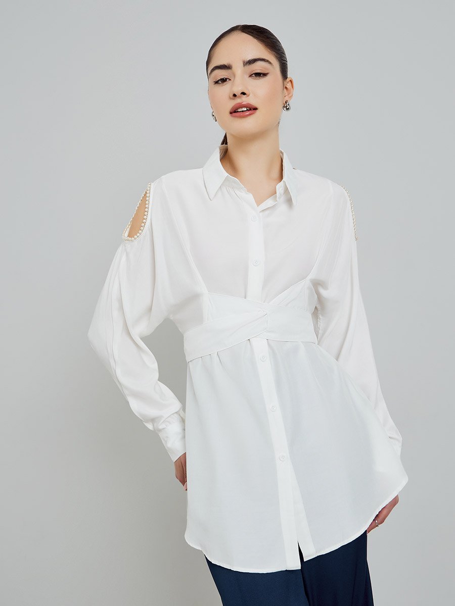 White Shirt with Pearl Shoulder Detail