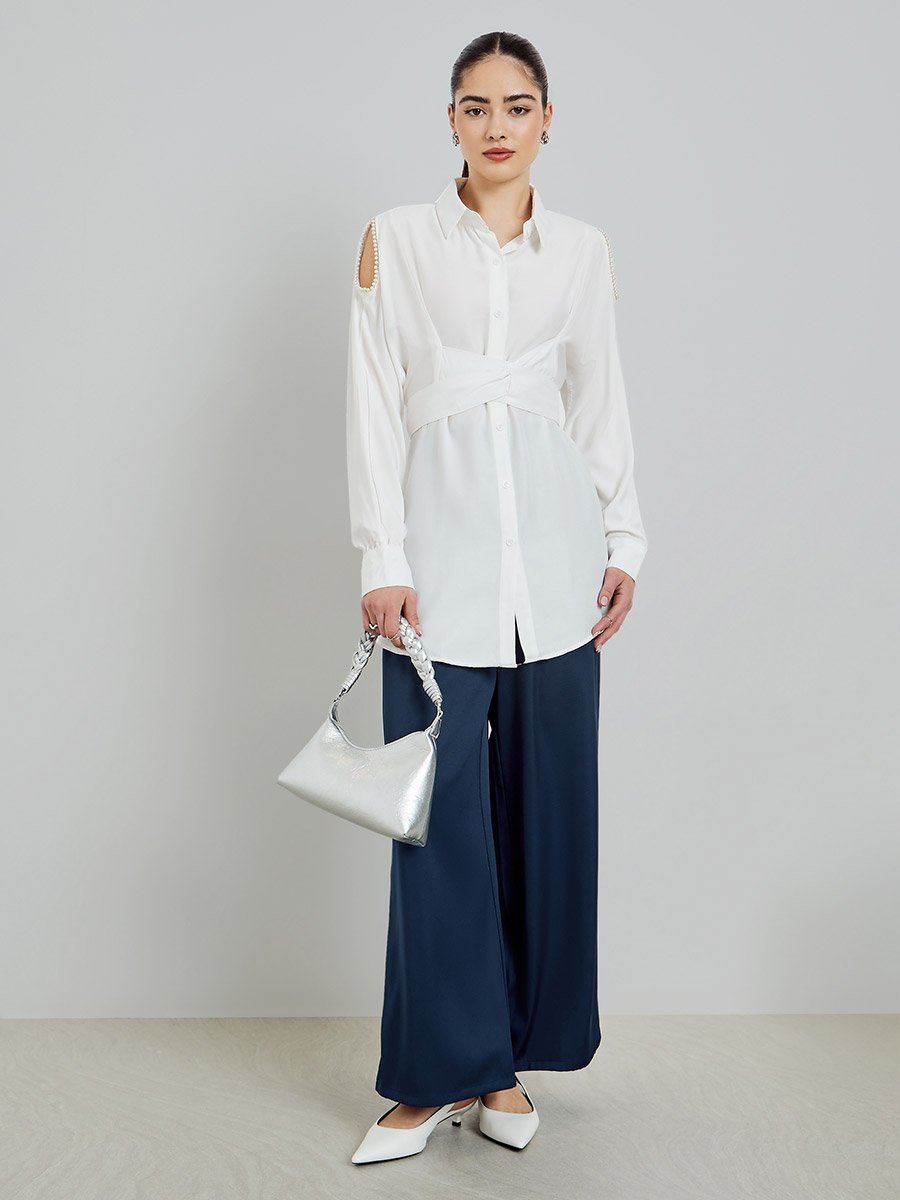 White Shirt with Pearl Shoulder Detail