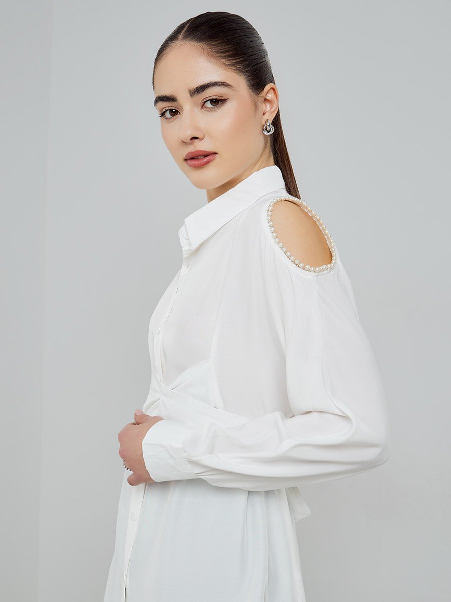 White Shirt with Pearl Shoulder Detail