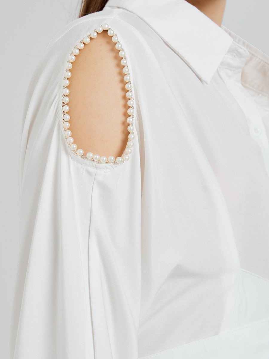White Shirt with Pearl Shoulder Detail