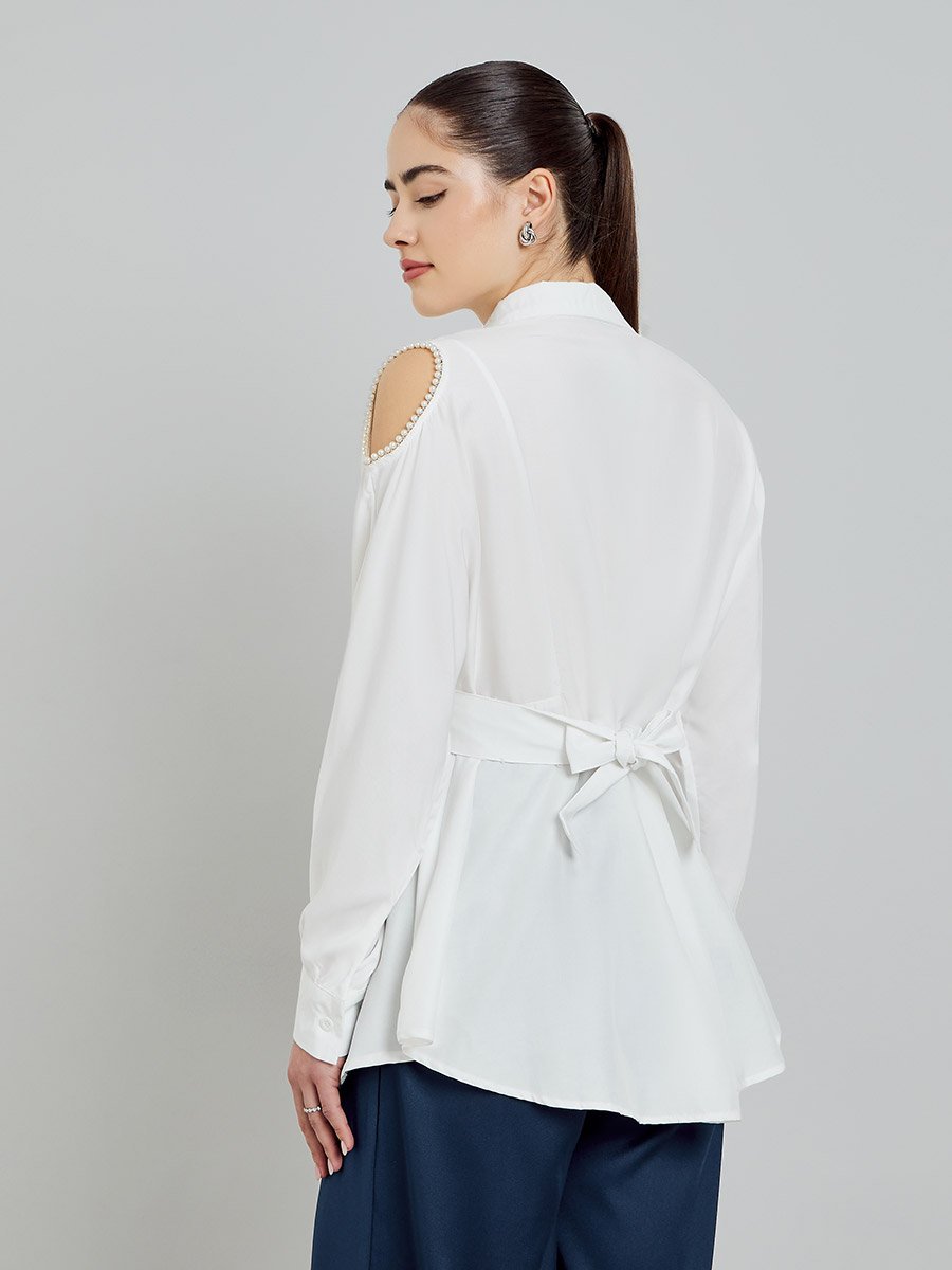 White Shirt with Pearl Shoulder Detail