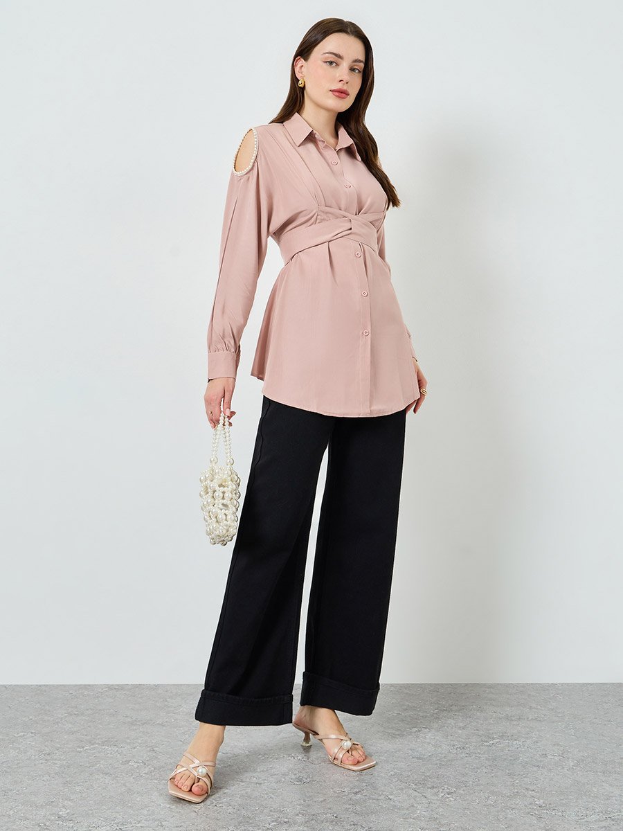 Pink Pearl-Embellished Oversized Shirt