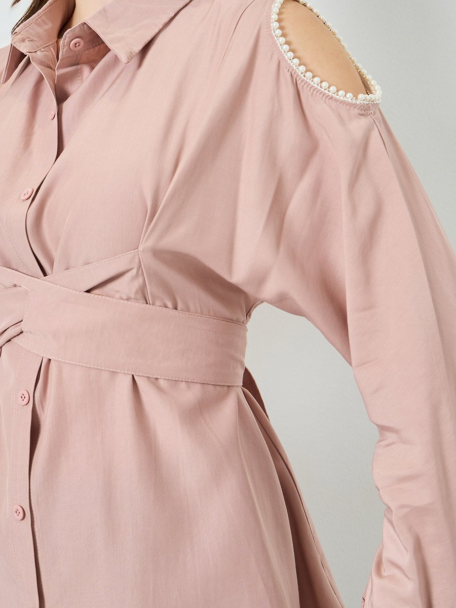 Pink Pearl-Embellished Oversized Shirt