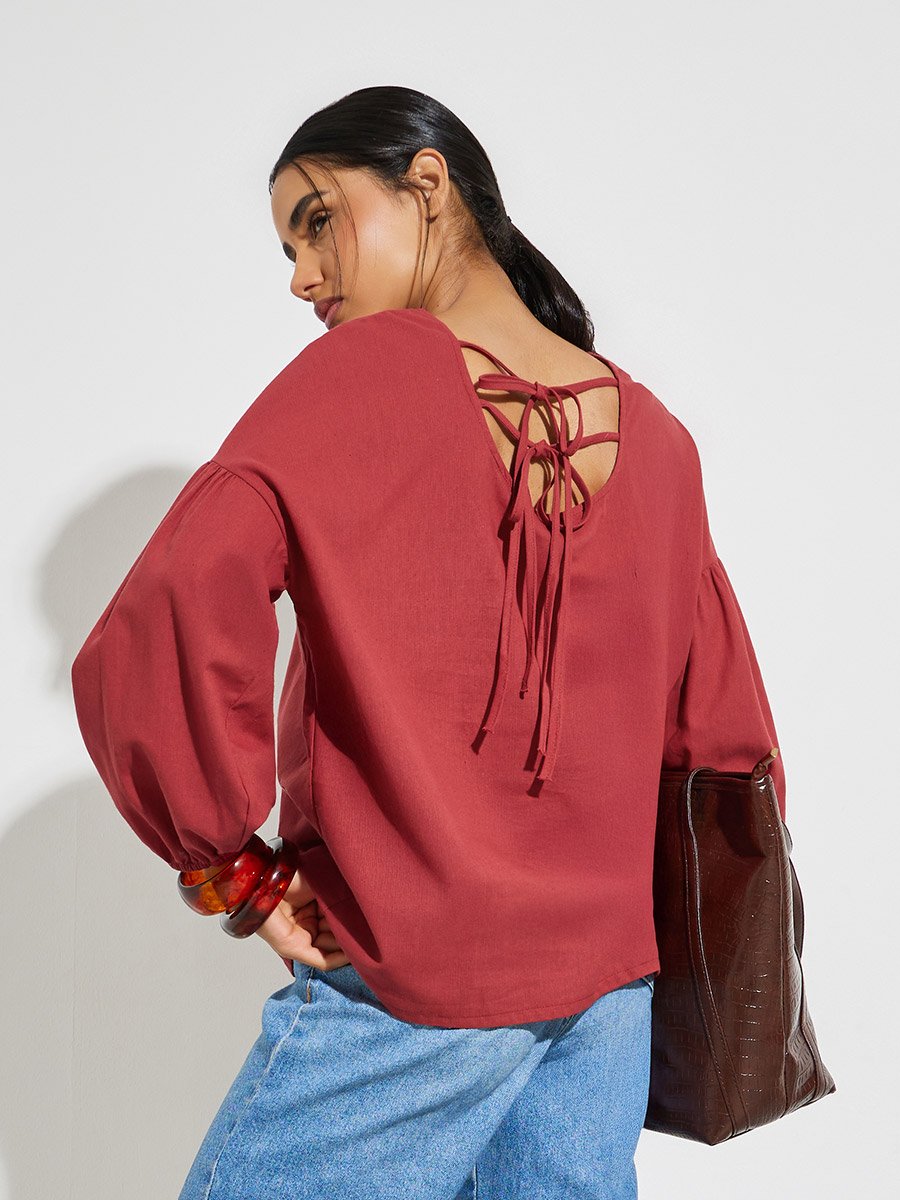 Red Solid Tie-Up Back Blouse