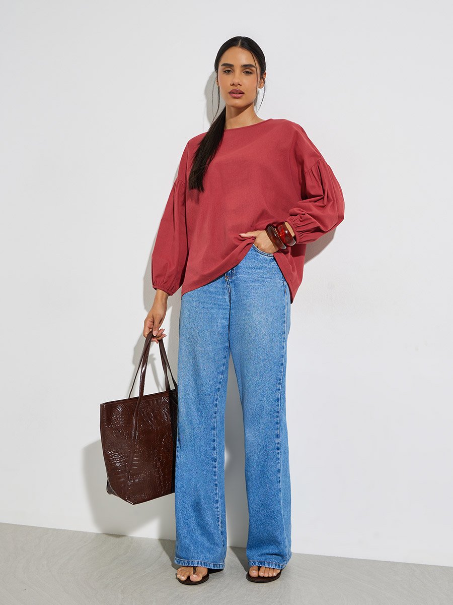 Red Solid Tie-Up Back Blouse