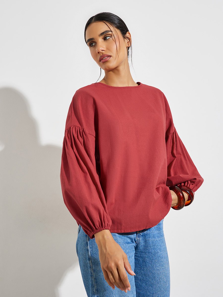 Red Solid Tie-Up Back Blouse