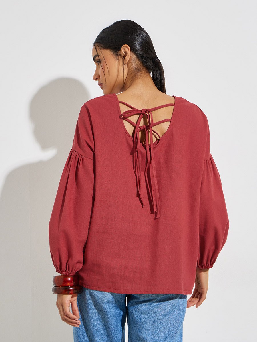 Red Solid Tie-Up Back Blouse
