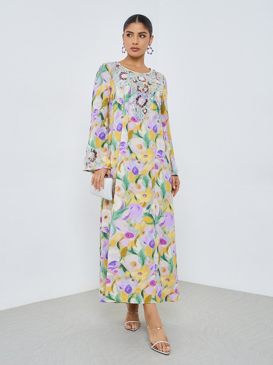 Floral Print Beaded Mukhawar Jalabiya
