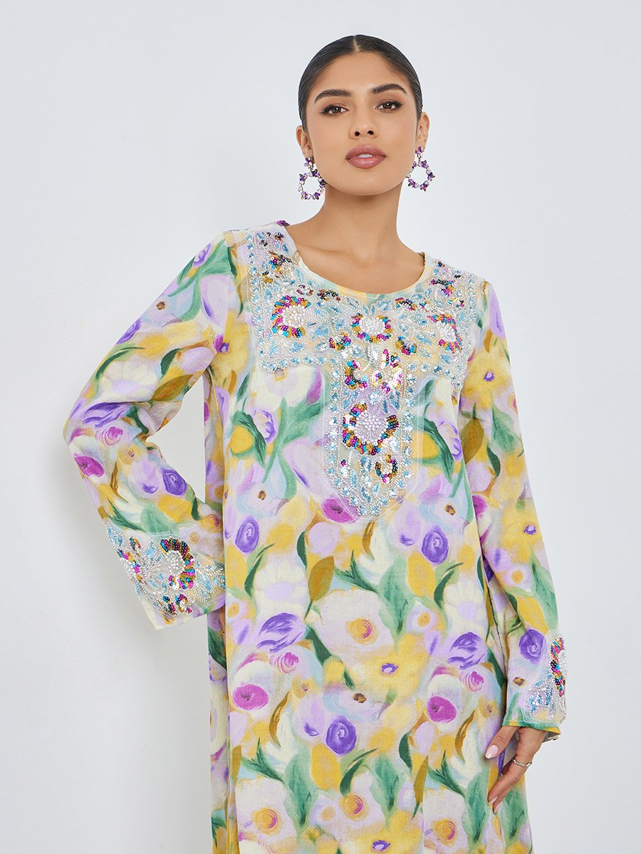 Floral Print Beaded Mukhawar Jalabiya