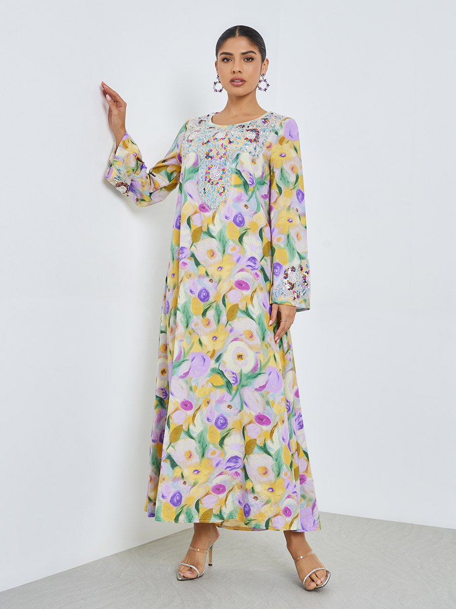 Floral Print Beaded Mukhawar Jalabiya