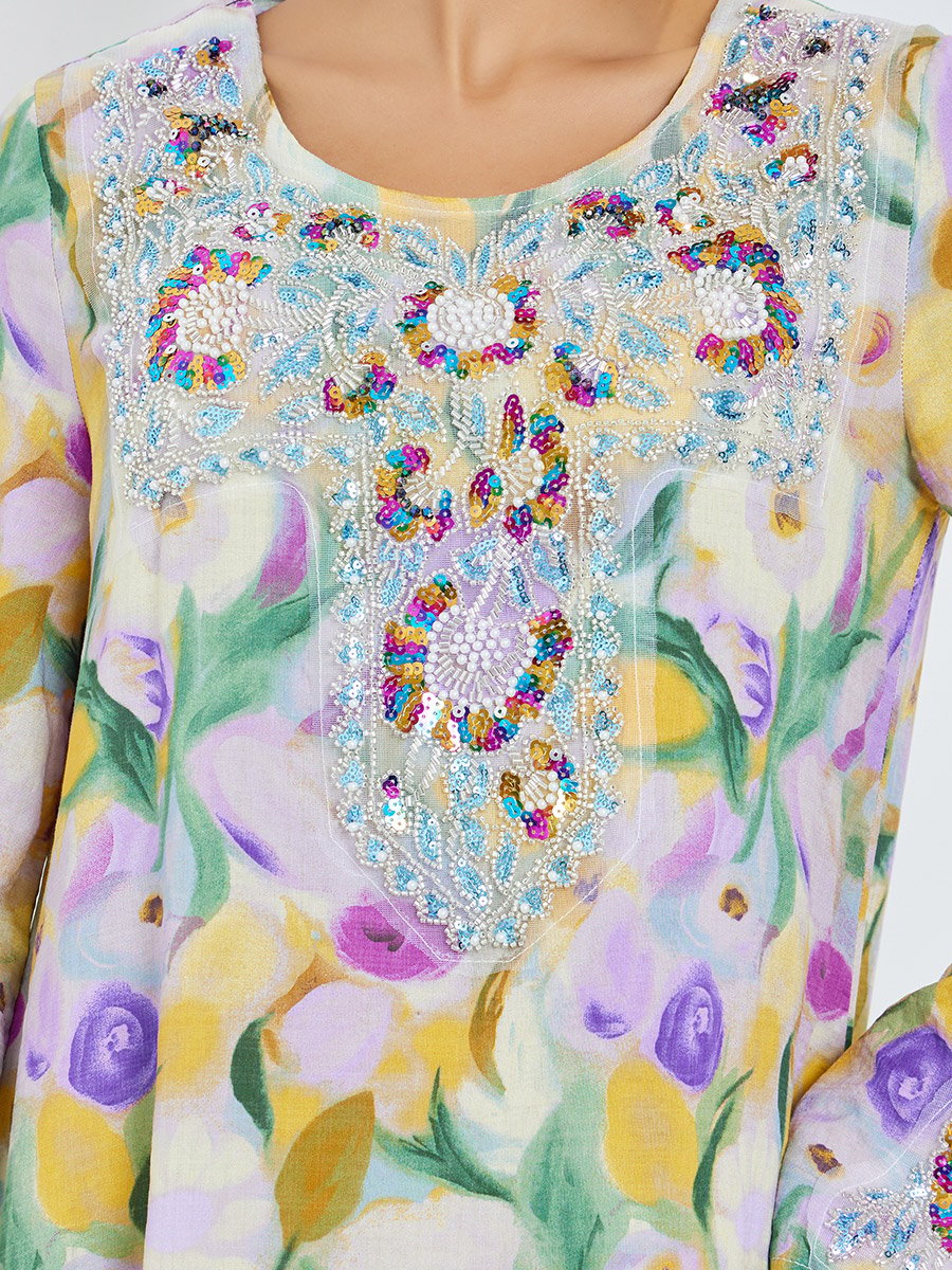 Floral Print Beaded Mukhawar Jalabiya
