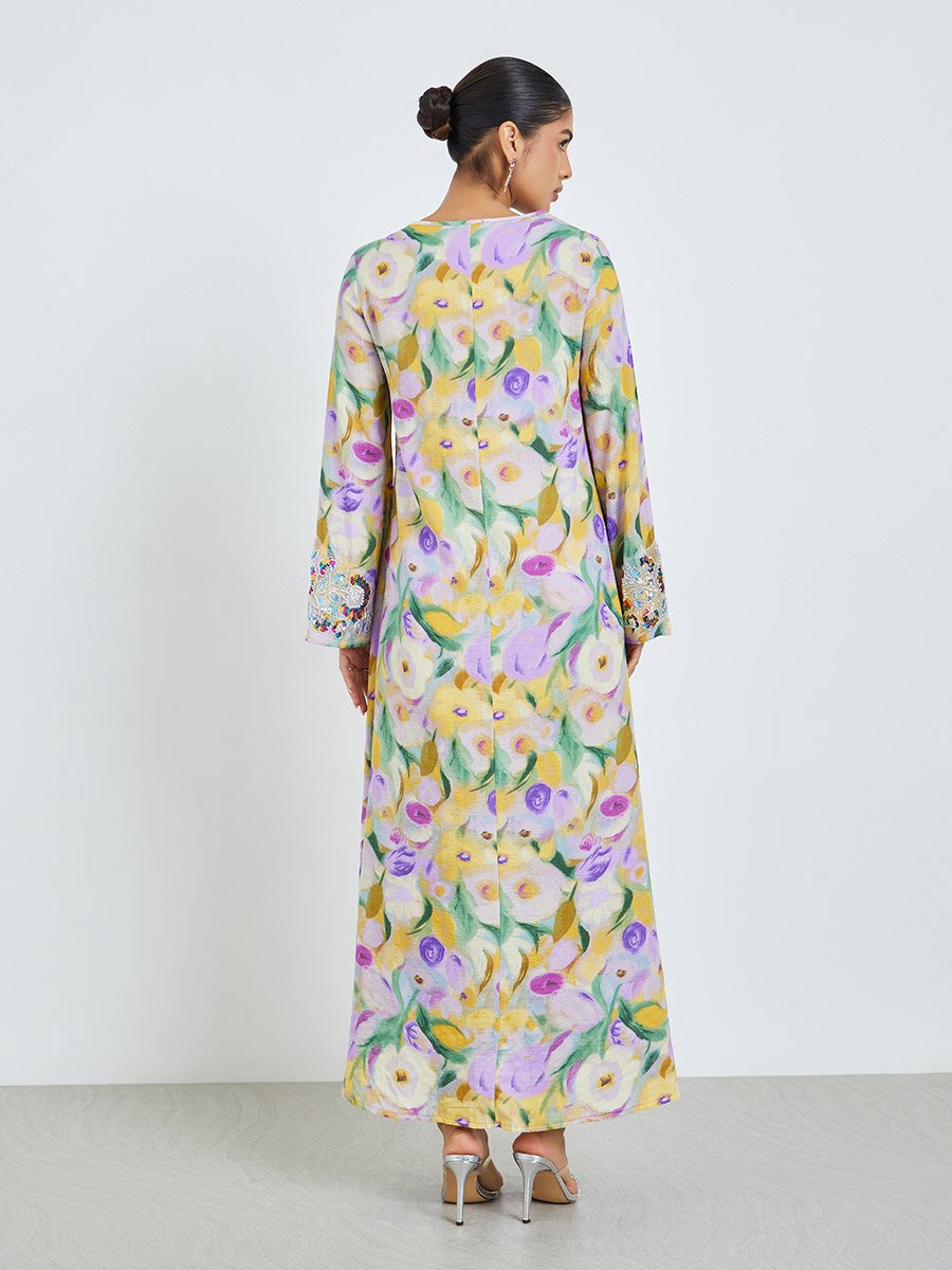 Floral Print Beaded Mukhawar Jalabiya