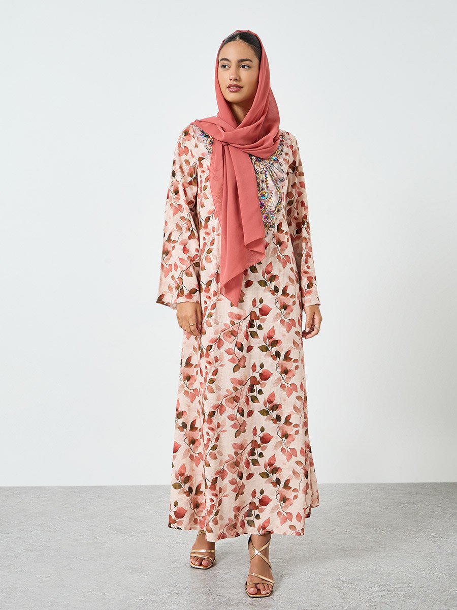 Floral Printed Embroidered Mukhawar Jalabiya