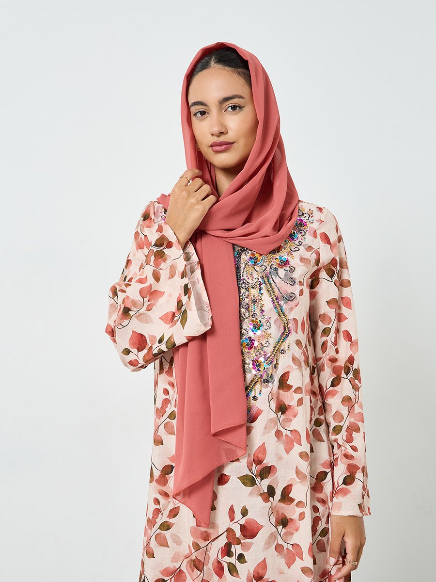 Floral Printed Embroidered Mukhawar Jalabiya