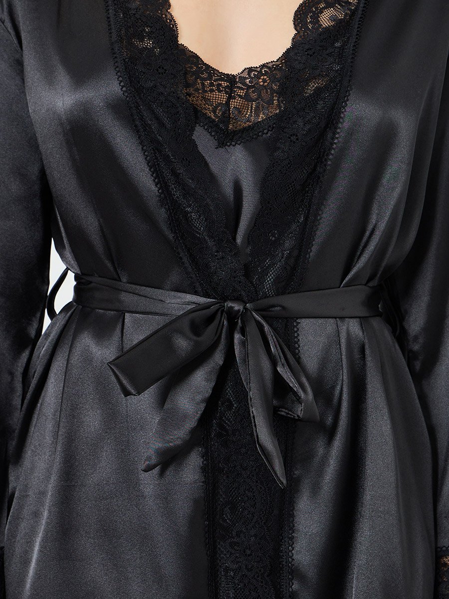 Pack of 2 - Satin V Neck Lace Detail Slip Dress and Robe Set