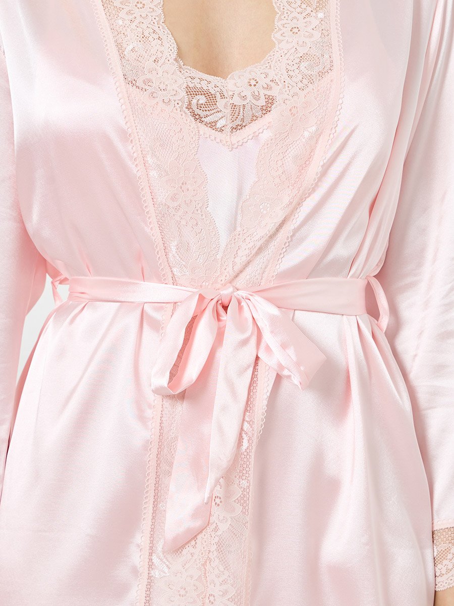 Pack of 2 - Satin V Neck Lace Detail Slip Dress and Robe Set