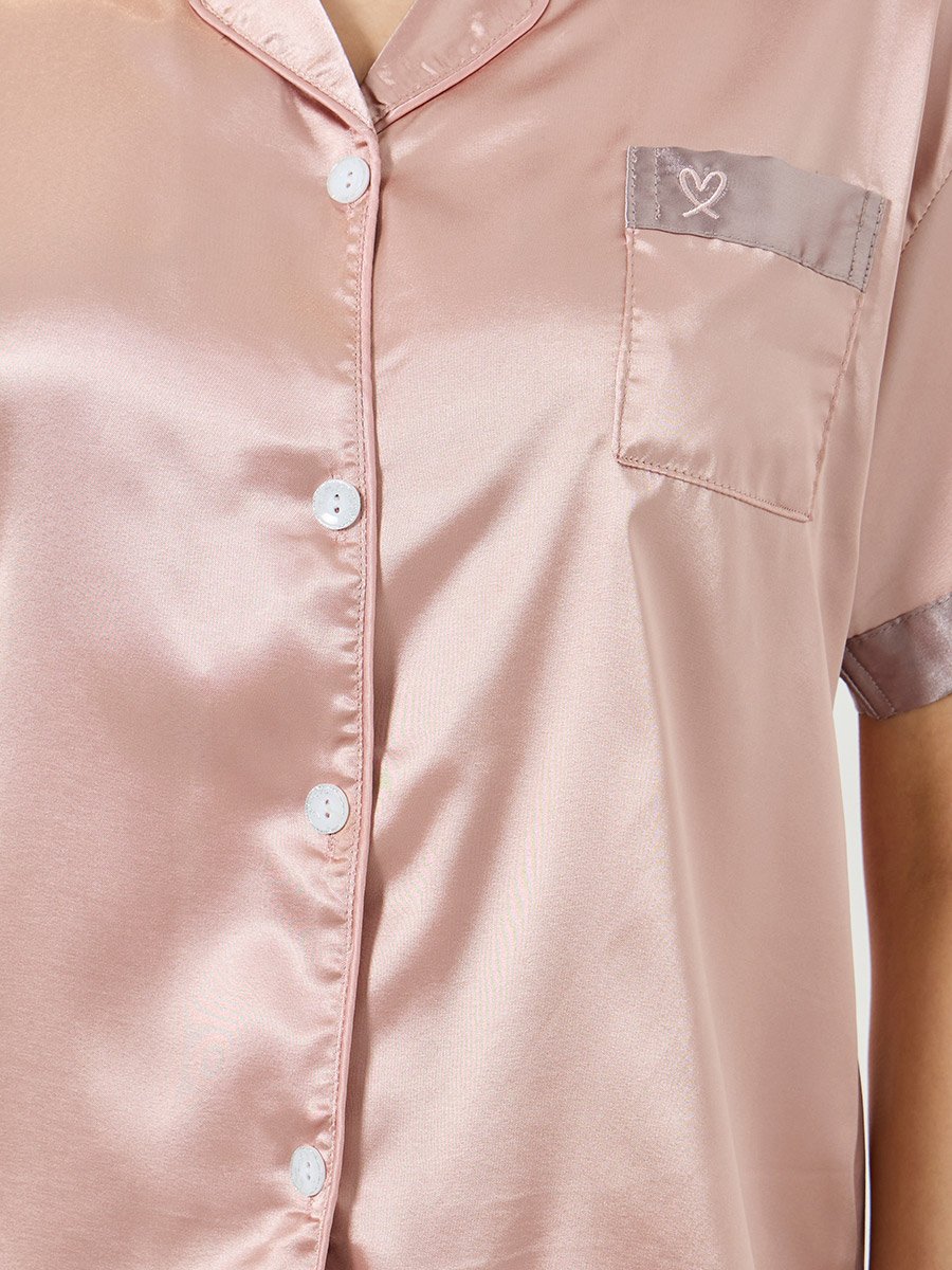 Pink Contrast Edge Satin Shirt and Shorts Set