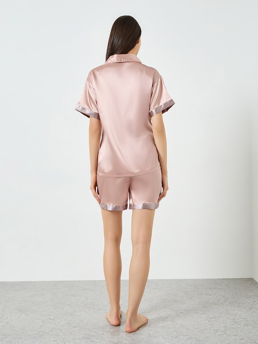 Pink Contrast Edge Satin Shirt and Shorts Set