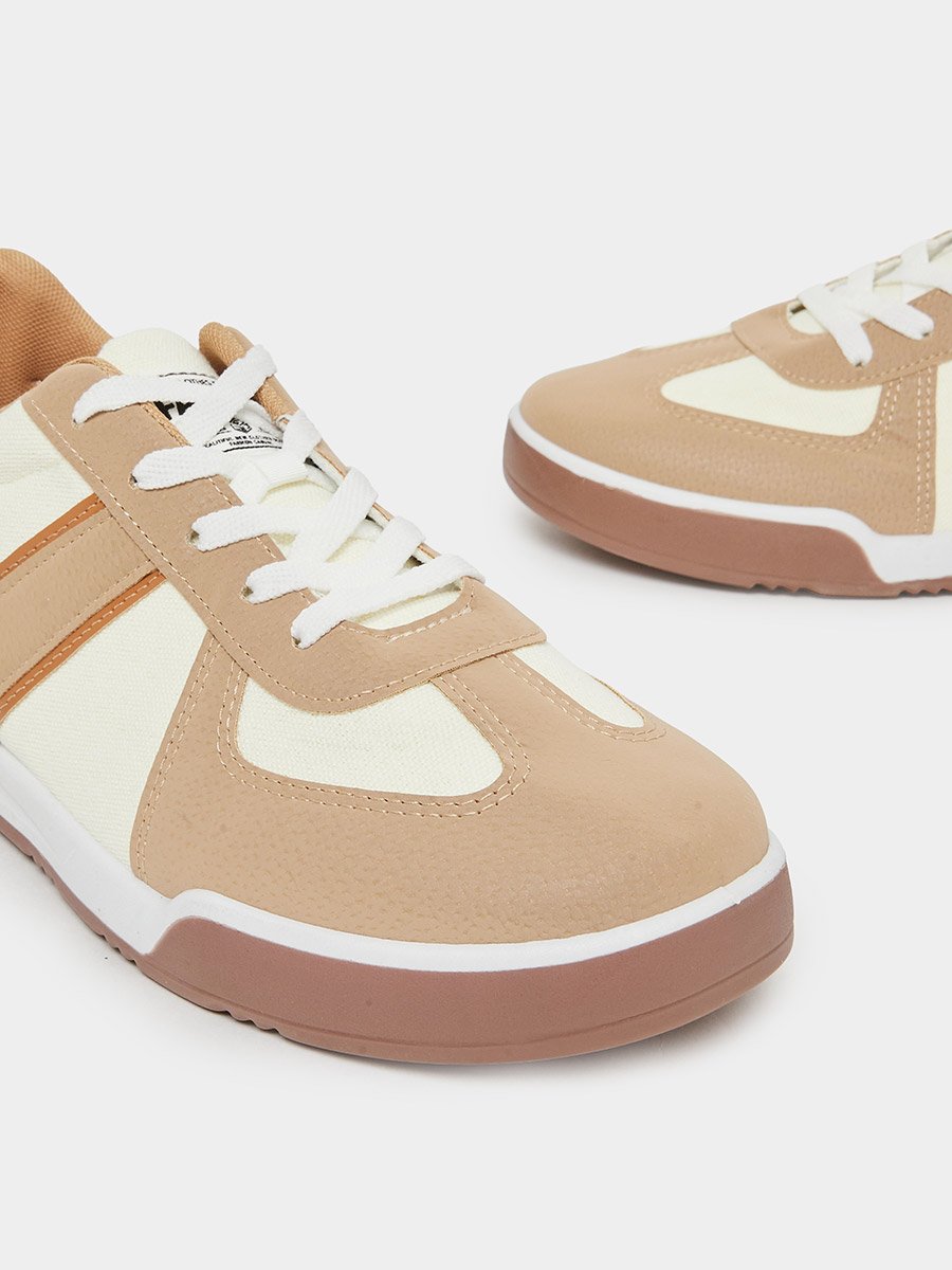 Beige Contrast Panel Lace-Up Sneakers