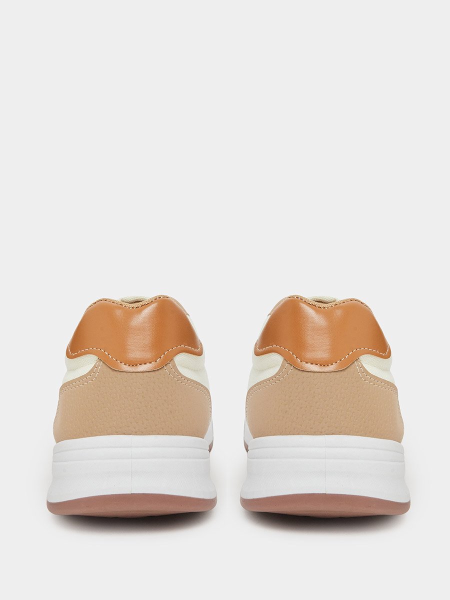 Beige Contrast Panel Lace-Up Sneakers
