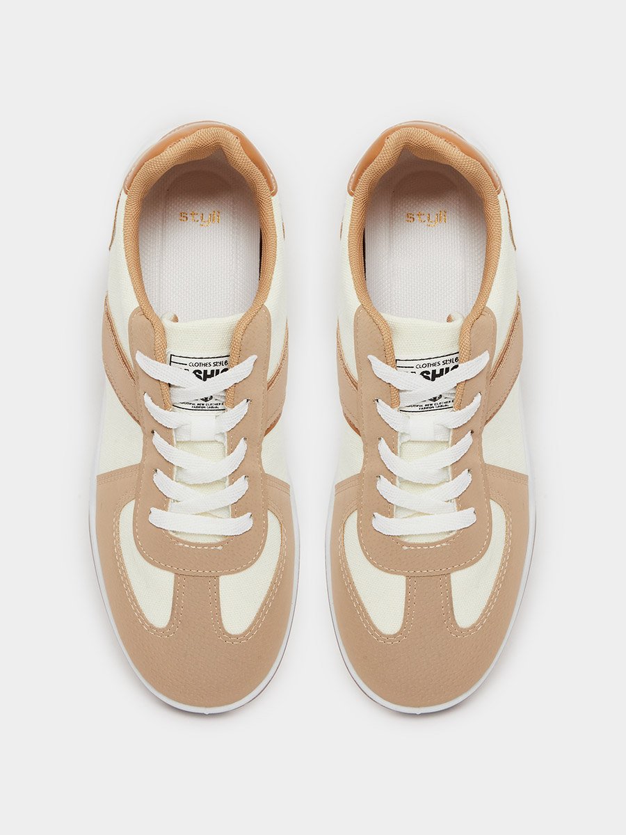 Beige Contrast Panel Lace-Up Sneakers