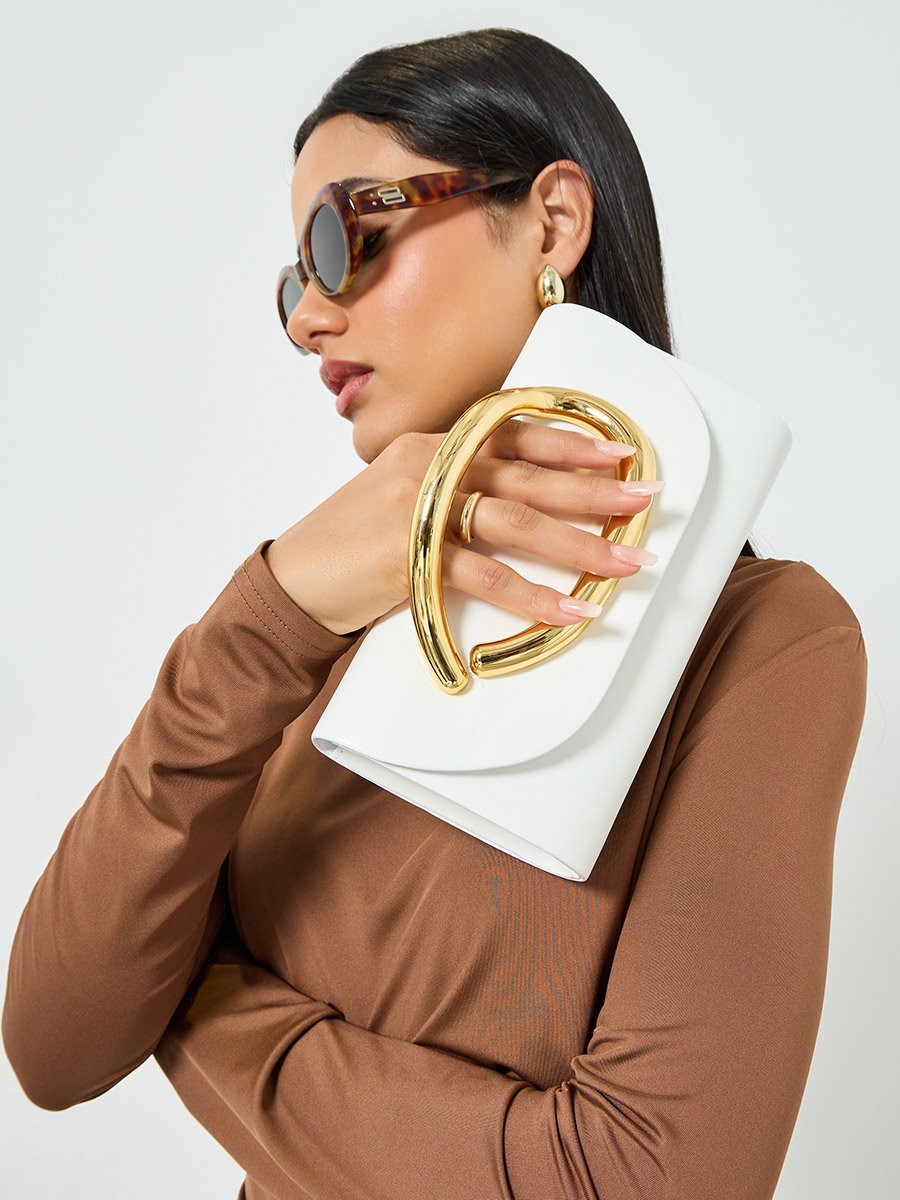 White Clutch Bag with Gold Handle