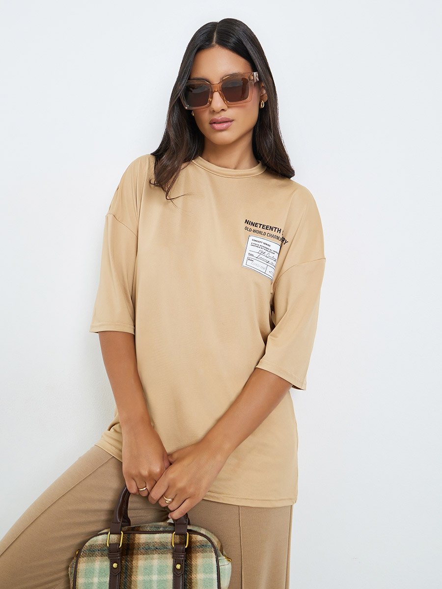 Beige Patch Label Graphic Oversized T-Shirt