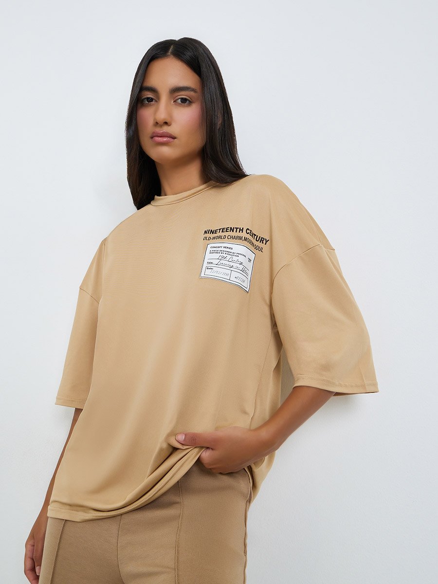 Beige Patch Label Graphic Oversized T-Shirt