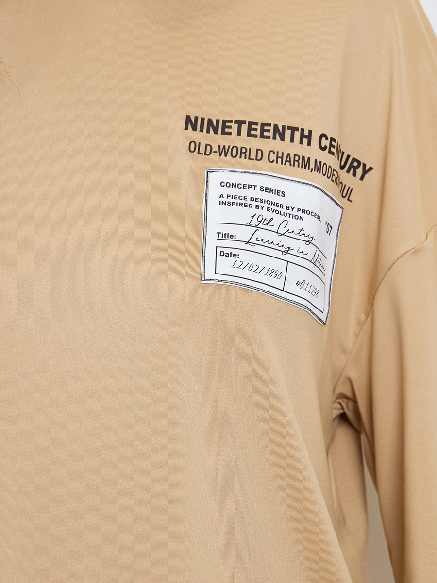 Beige Patch Label Graphic Oversized T-Shirt