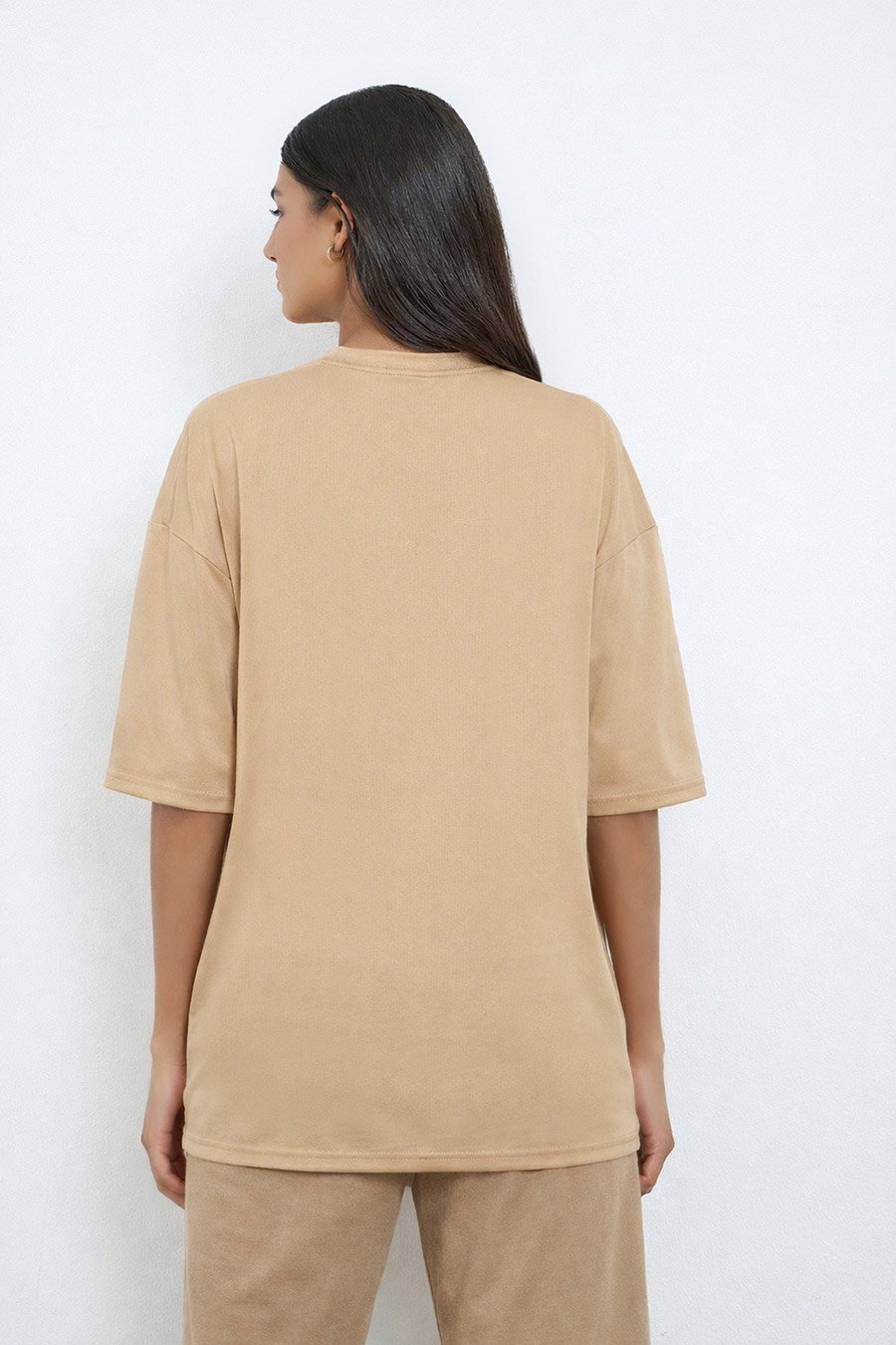 Beige Patch Label Graphic Oversized T-Shirt