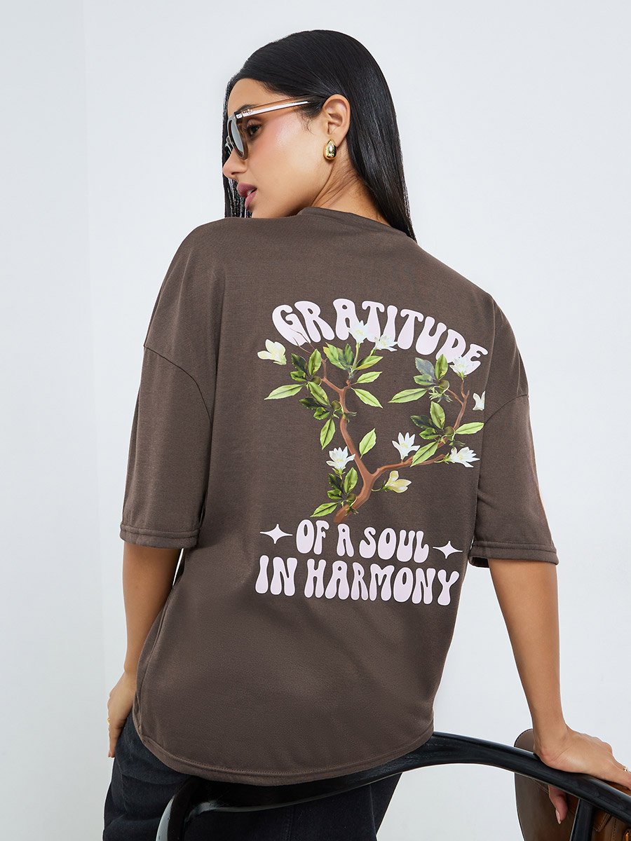 Brown Floral Graditude Front and Back Graphic Oversized T-Shirt