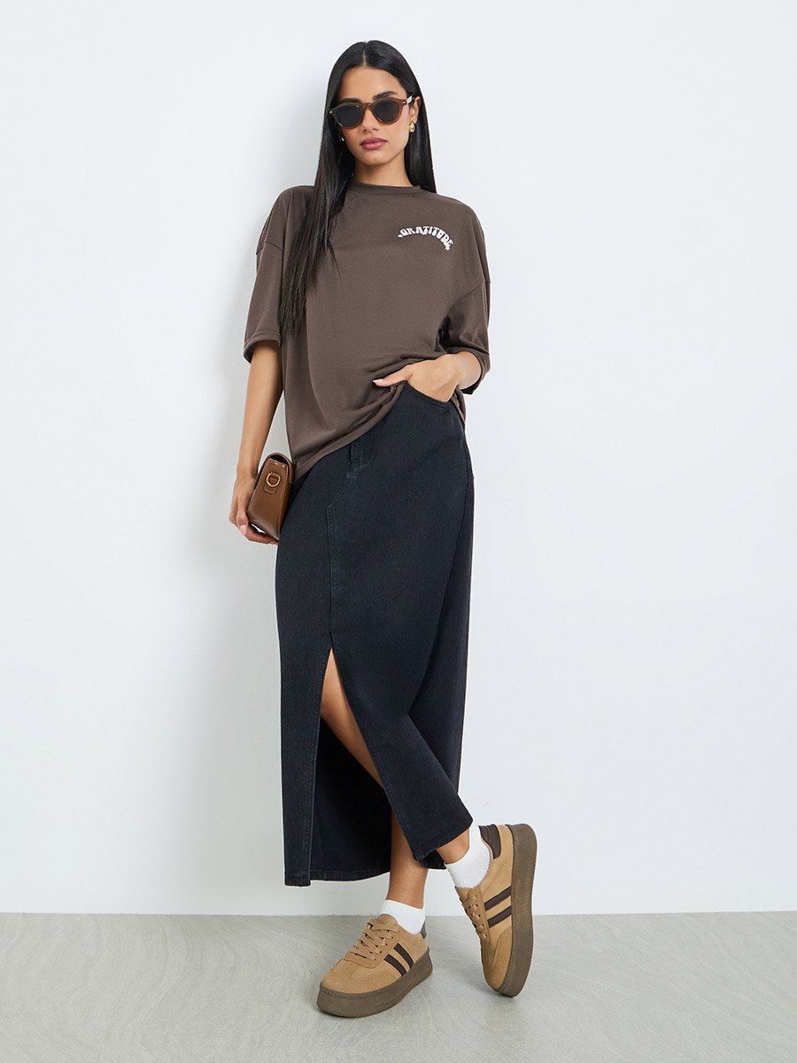 Brown Floral Graditude Front and Back Graphic Oversized T-Shirt