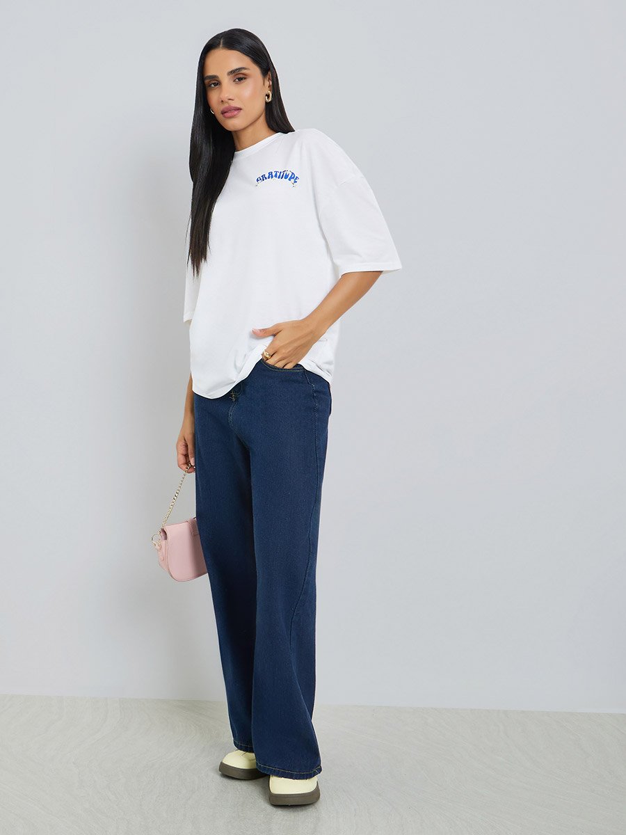 White Floral Graditude Front and Back Graphic Oversized T-Shirt
