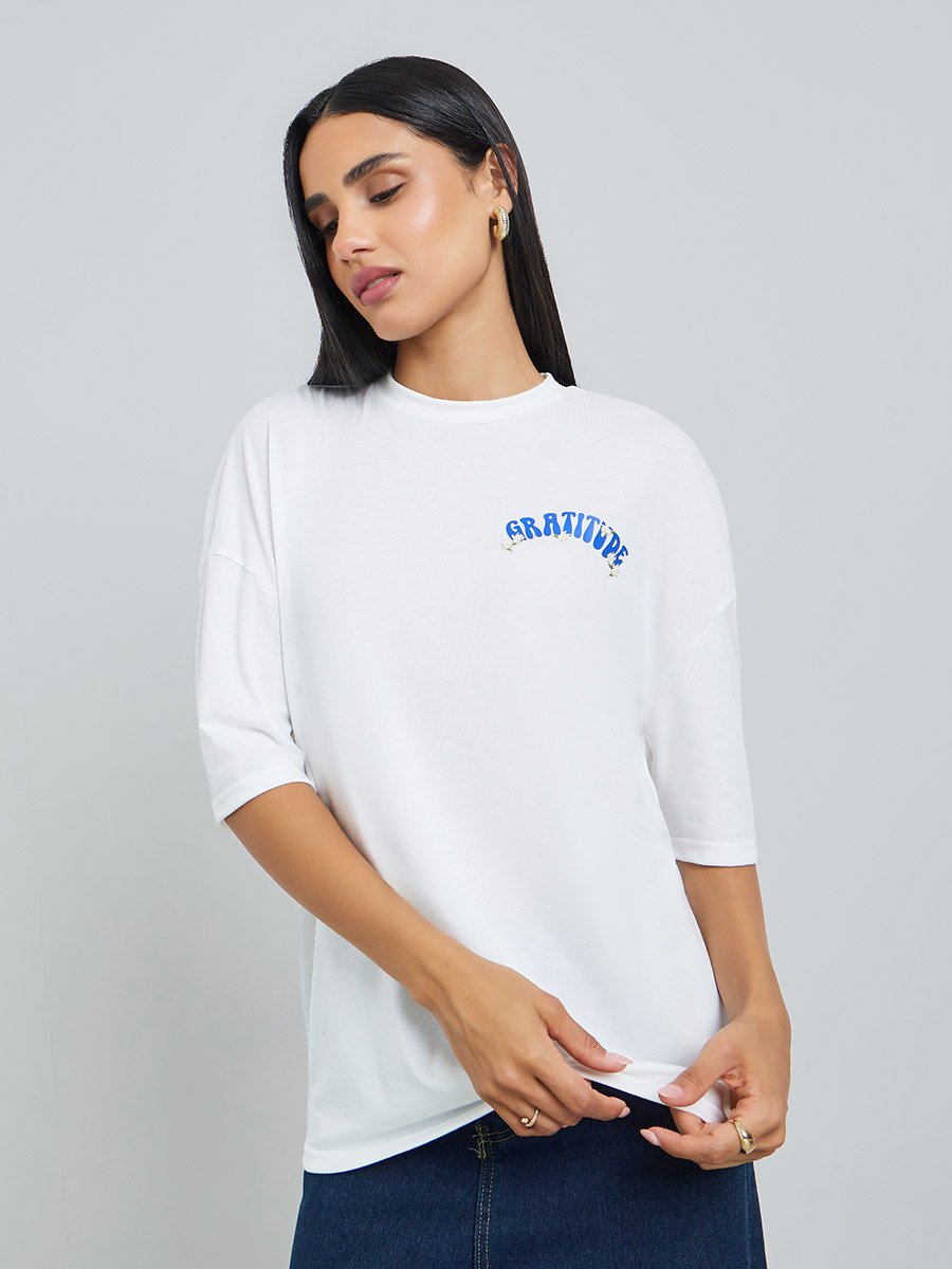 White Floral Graditude Front and Back Graphic Oversized T-Shirt