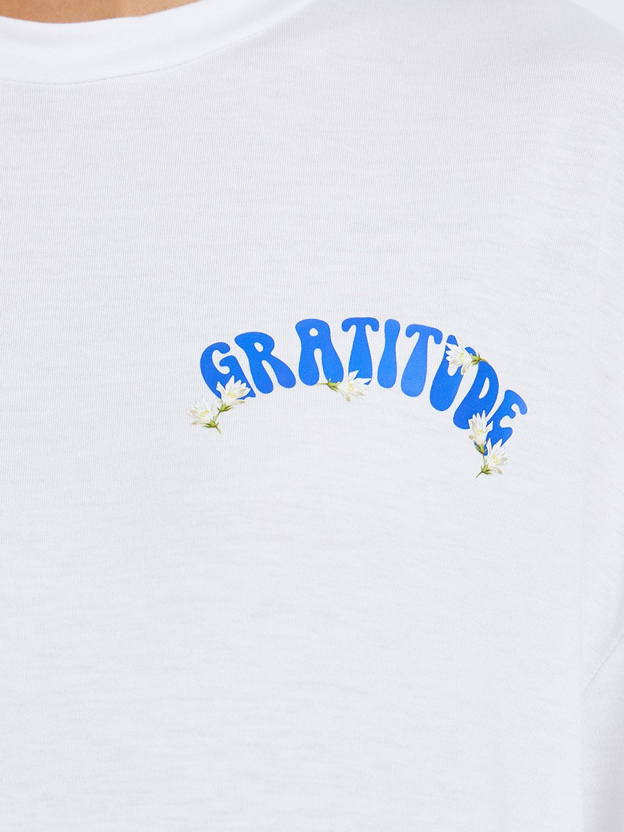 White Floral Graditude Front and Back Graphic Oversized T-Shirt